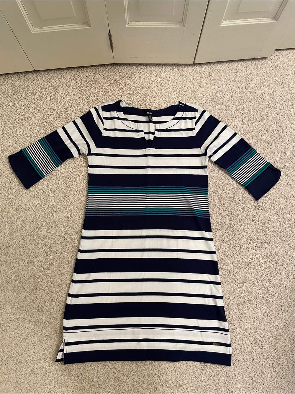 Hatley Striped Navy & White 3/4 Sleeve Shift Dress with Teal Accent